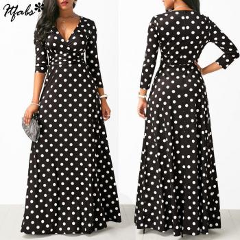 Three-Quarter Sleeve Dot Print Maxi Dress for Women