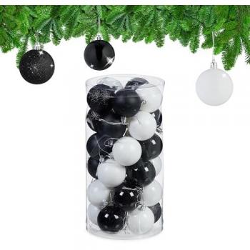 Relaxdays Weihnachtsbaumdeko 30er Set, Kunststoff, d: 6 cm, schwarz/weiß