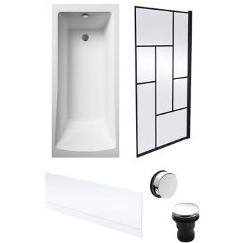 Square Bath with Abstract Black Screen and Chrome Waste