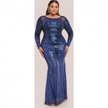 Goddiva Women's Navy Long Sleeve Sequin Maxi Dress