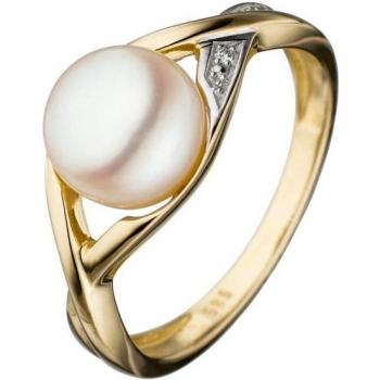 JOBO Damen‑Fingerring 56: 585 Gold bicolor mit Süßwasser‑Zuchtperle und Diamanten