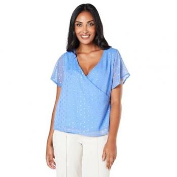Petite Cornflower Blue Metallic Spot Wrap Blouse for Women