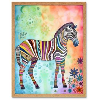 Vibrant Rainbow Zebra Folk Print – 12x16 Framed Wall Decor