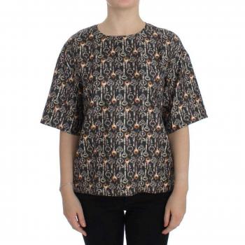 Dolce & Gabbana Gray Gold Key Print Silk Blouse T-shirt
