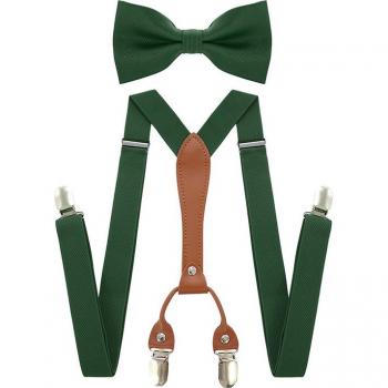 Adjustable Black Elastic Men’s Suspenders and Bowtie Set with Leather Clips for Weddings