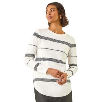 Stripe-Patterned Roman Women’s Knit Jumper – Ivory, Size 10, Curved Hem