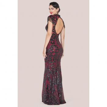 Burgundy Embroidered Sequin Beaded Cap Sleeve Maxi Dress