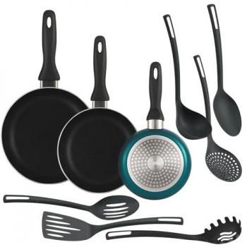 Wellhome: Juego compacto de 3 sartenes Ø16/Ø20/Ø24 con utensilios en negro