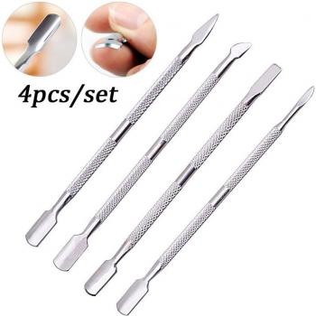Juego de manicura y pedicura, herramientas de acero inoxidable, 4 piezas, empujador de uñas y limpiador de cutículas
