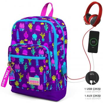 Coral High Kinder-Rucksack mit Kaktus und USB-Anschluss