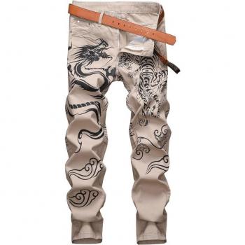 Men's Slim Fit Khaki Jeans featuring Dragon Tiger Graphics