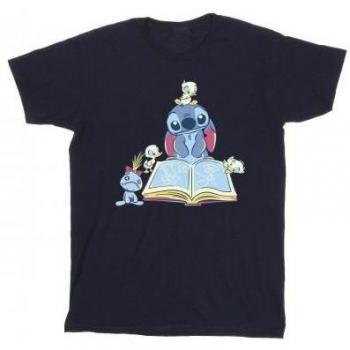 Depicts a fun scene of Lilo and Stitch reading a book