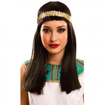 Elegant Golden Sequin Egyptian Long Wig – Dark Synthetic Strands – Short Bangs – Gold‑Trimmed Band