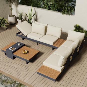 Premium Beige L-Shaped Patio Sofa Set, 4 Pieces, 6-Seater with Cushions and Pillows