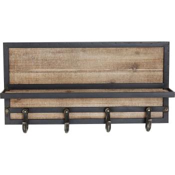 Organizador de pared Perchero madera-metal con 4 ganchos y repisa
