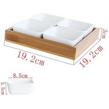 Bamboo-Lidded Ceramic Snack Bowls with Tray