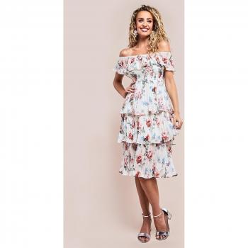 Goddiva Womens Pleated Bodice Chiffon Tiered Midi Dress