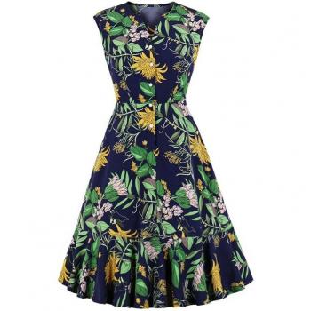 Vestido Estampado Botánico de Cintura Alta y Sin Mangas para Mujer
