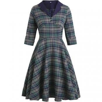 50's Style Midi Jurk Met Notch Kraag En Knopen, Ruitpatroon, Lange Mouw, Winterjurk