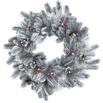 Red Berry & Pinecone Snowy Wreath by Charles Bentley – 60 cm, Pre‑Lit, Indoor/Outdoor
