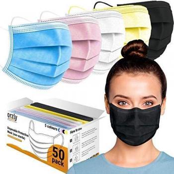 Orzly Colourpop 50‑Pack 3‑Ply Face Masks – Breathable Adult & Child Covers