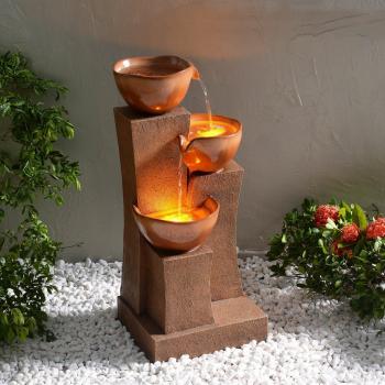 Cascading Bowl Water Fountain with LED Lights, 3-Tier, Brown