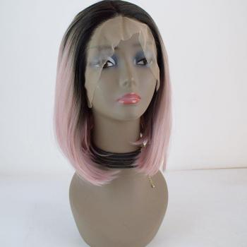 Kurzbob mit Schwarz-Rosa Ombre – synthetische Perücke, hitzefrei, Spitze