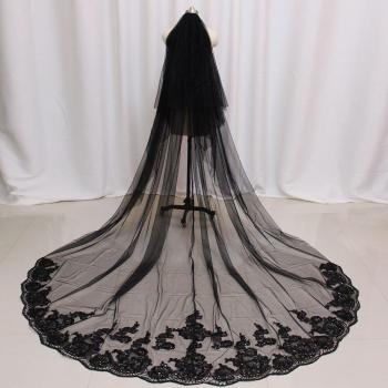 Velo largo de novia con lentejuelas y encaje, 2 capas, 3 M, color negro, incluye peine y cobertura facial