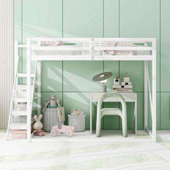 Lit mezzanine 140x200 cm « ModFu » : bois blanc, sommier à lattes, échelle sécurisée pour enfants et ados