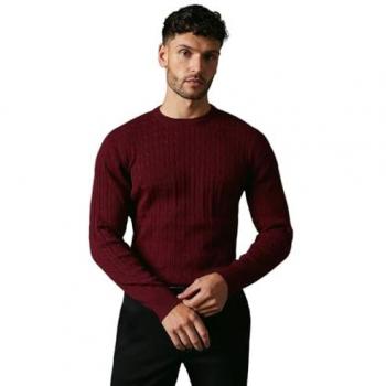 Ultra‑Soft Burgundy Cable Crewneck Jumper, XL, Men’s Cotton