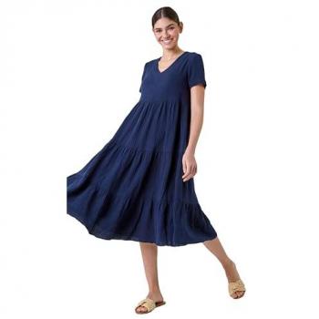 Cotton Navy Tiered Midi Dress for Women