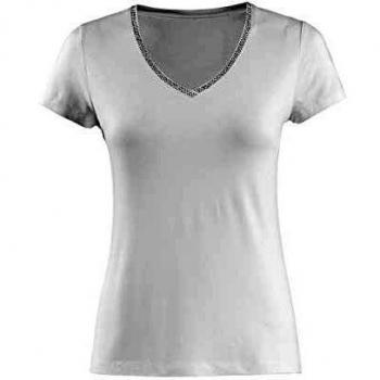 Alba Moda Damen V‑Form Shirt Halbarm, Weiß, mit funkelnden Strassapplikationen