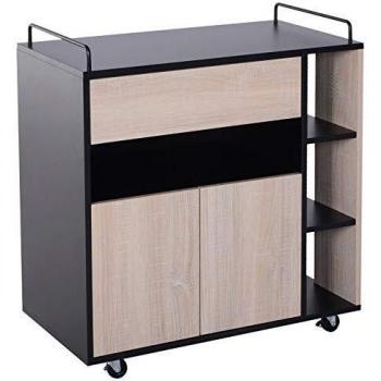 Chariot de service desserte de cuisine à roulettes multi-rangements placard double portes + 3 étagères + niche + tiroir panneaux