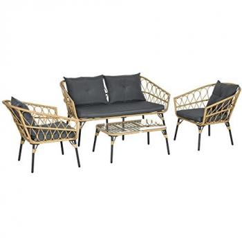 Salon de jardin 4 places 4 pièces style colonial table basse coussins gris inclus résine tressée aspect rotin