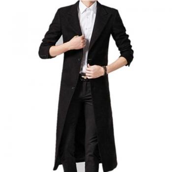 Men's Autumn Winter Black Solid Color Long Wool Blend Coat