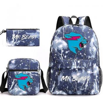 Sac à dos bleu Foudre QWLG 3 pièces, thème Mr Beast – Cat
