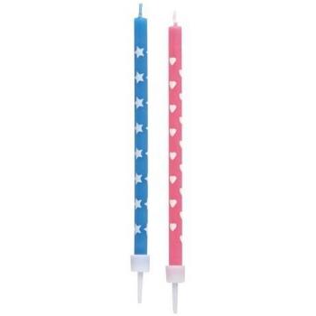 Geburtstagskerzen-Set 12-teilig mit Sternen und Herzen in Blau und Pink inklusive Halter, 10 cm Länge