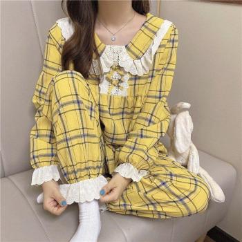 Women's Ruffled Plaid Sleepwear Set with Pan Collar Y182
