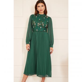 Vestido midi bordado de manga larga Yumi en verde para mujer 14 UK