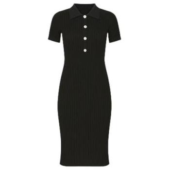 Elegant Black Ribbed Midi Dress – Daisy Button Trim