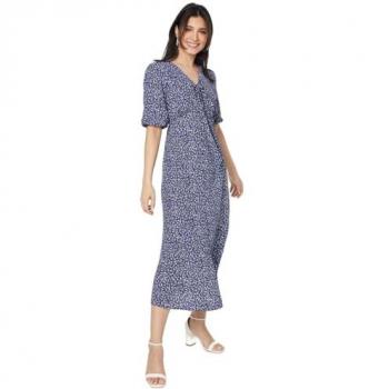Womens Navy Ditsy Tie Front Button Through Midi Dress