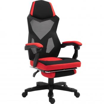 Vinsetto Gamingstuhl Ergonomischer Schreibtischstuhl, Fußstütze, höhenverstellbar, Polyester Schwarz-Rot, 58 x 72 x 112-122 cm