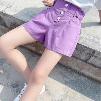Purple and Green Candy Color Summer Shorts for Girls, Mini Pants with Button, Sizes 4-13Y