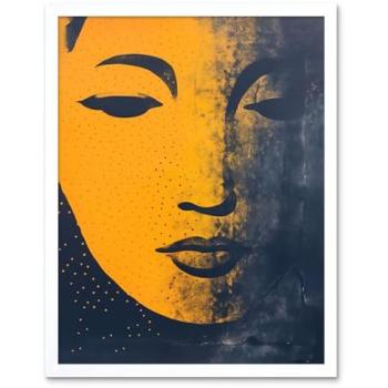 Gandhara Buddha Essence – Indigo & Amber Risograph Art (Framed, 12x16)