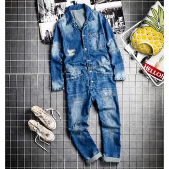 Mono juvenil de mezclilla roto para hombre, manga larga