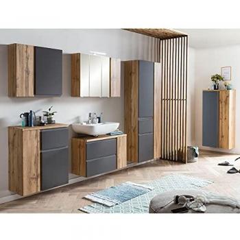 Badezimmer Komplett Set in Wotan Eiche Nb. mit grau, LED Beleuchtung, stehend oder hängend