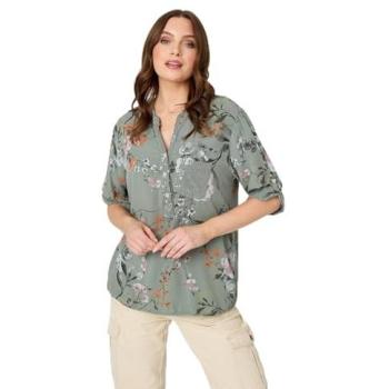 Sequin‑Adorned Khaki V‑Neck Top – Relaxed Fit