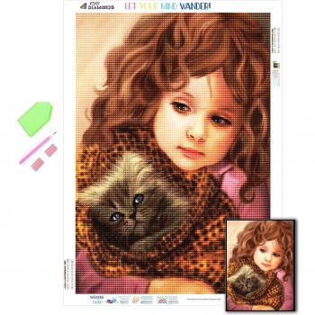 Broderie diamant fille et chat 5D