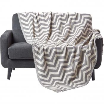 Grey and Off White Chevron Cotton Knitted Throw Blanket, 130 x 170 cm