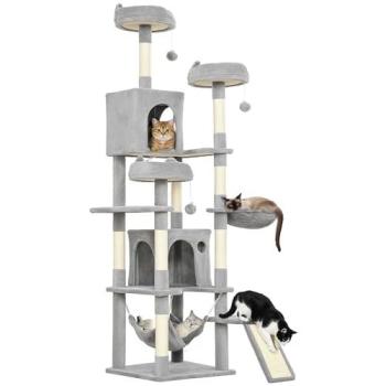 Arbre à chat gris avec 4 plateformes et 2 hamacs